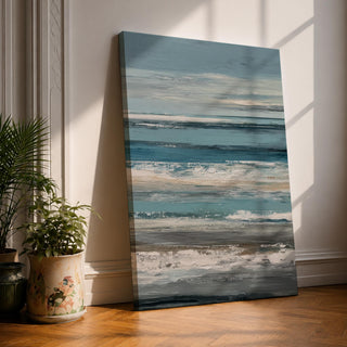 Create a calming retreat with this Ocean Wave Wall Art, featuring soft blue-gray coastal tones and layered abstract seascape textures. This serene canvas print captures the peaceful rhythm of the ocean, making it a beautiful addition to beach homes, bedrooms, living rooms, or coastal-inspired interiors.