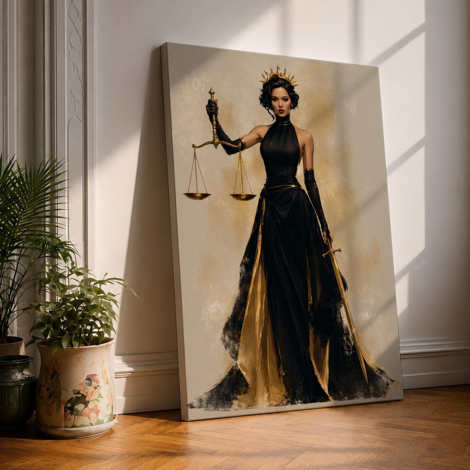 Lady Justice wall art featuring a regal goddess holding scales and a sword, dressed in an elegant black and gold gown. Modern Justitia artwork symbolizing justice, wisdom, authority, and feminine strength for law offices and luxury interiors.