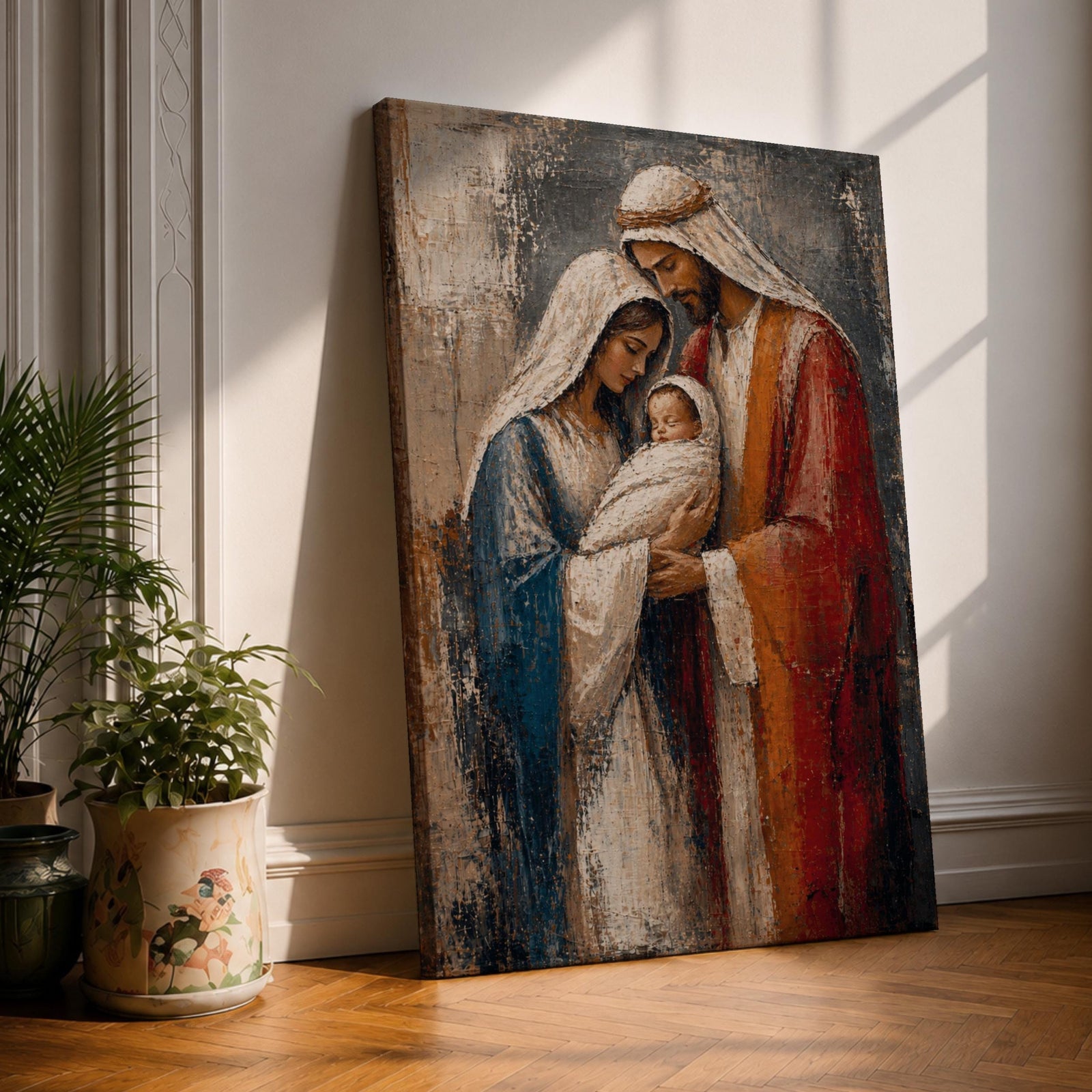 Holy Family wall art featuring Mary, Joseph, and Baby Jesus in a textured impasto painting style, Christian canvas decor for home, prayer room, and Catholic spaces.