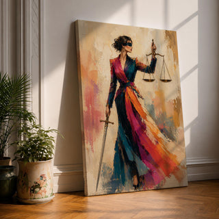 Lady Justice wall art featuring a fashionable blindfolded woman in a flowing colorful couture gown holding scales and a sword, modern Justitia canvas for law office decor.