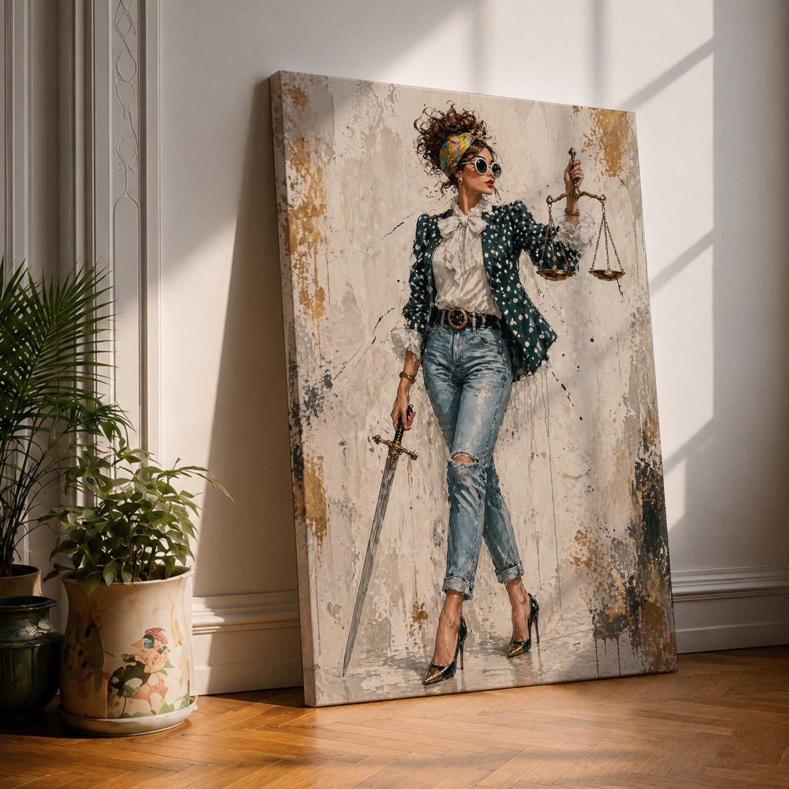 Modern Lady Justice wall art featuring a stylish woman in sunglasses, polka dot blazer, ripped jeans, and heels holding scales and a sword in a fashion-inspired legal portrait.