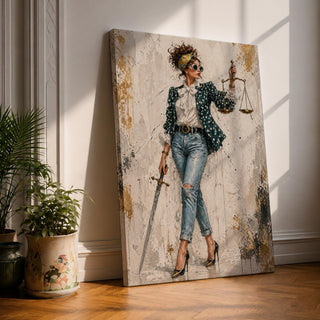 Modern Lady Justice wall art featuring a stylish woman in sunglasses, polka dot blazer, ripped jeans, and heels holding scales and a sword in a fashion-inspired legal portrait.