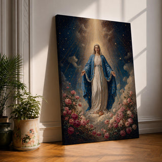 Honor your faith with this Virgin Mary Wall Art, featuring the Blessed Mother surrounded by blooming roses beneath radiant heavenly light. This elegant floral canvas print brings peace, grace, and timeless beauty to Catholic homes, prayer rooms, and sacred spaces.