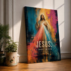 Divine Mercy wall art featuring Jesus Christ with radiant red and blue mercy rays and the words “Jesus, I Trust in You.” This contemporary Christian artwork combines bold abstract textures, vibrant colors, and devotional symbolism, creating an inspiring focal point for faith-filled interiors.