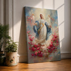 Elegant Virgin Mary wall art featuring Our Lady surrounded by a wreath of blooming pink and white roses, with a radiant floral halo and soft angelic figures floating among pastel clouds. A serene Catholic artwork in romantic colors, perfect for prayer rooms, bedrooms, and faith-inspired home decor.