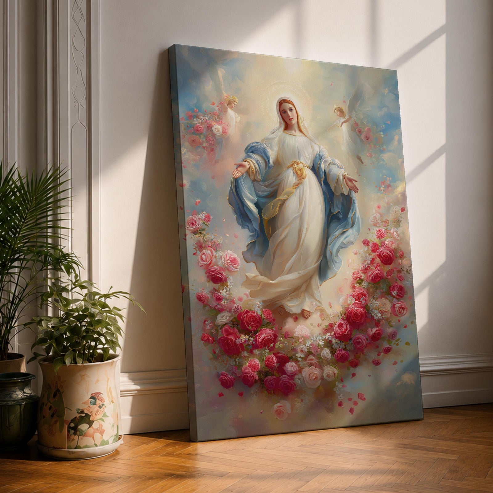 Elegant Virgin Mary wall art featuring Our Lady surrounded by a wreath of blooming pink and white roses, with a radiant floral halo and soft angelic figures floating among pastel clouds. A serene Catholic artwork in romantic colors, perfect for prayer rooms, bedrooms, and faith-inspired home decor.