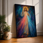 Divine Mercy wall art featuring Jesus Christ with a raised blessing hand and radiant mercy rays flowing from His chest. This Christian religious artwork combines spiritual symbolism, luminous light, and expressive details to create a peaceful devotional focal point.