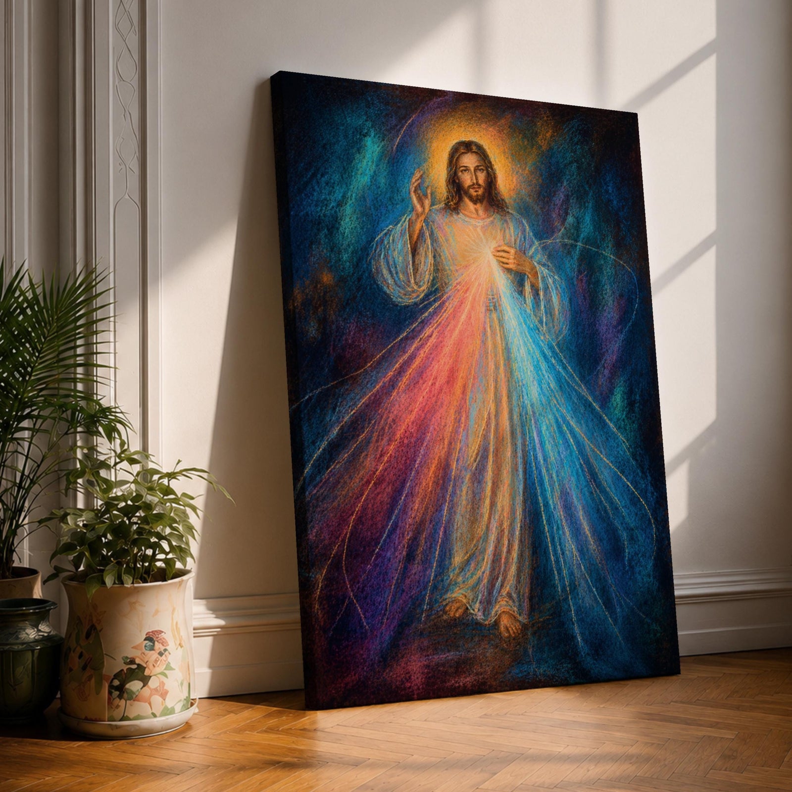 Divine Mercy wall art featuring Jesus Christ with a raised blessing hand and radiant mercy rays flowing from His chest. This Christian religious artwork combines spiritual symbolism, luminous light, and expressive details to create a peaceful devotional focal point.