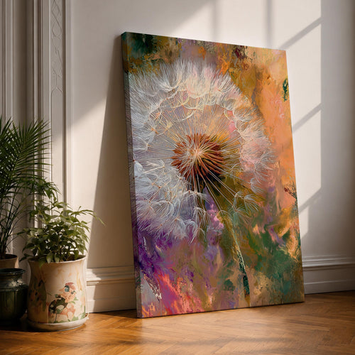 Close-up of a dandelion seed head with fine white filaments against a colorful abstract background featuring warm tones of orange, purple, and green, rendered in an abstract botanical style on a framed canvas.
