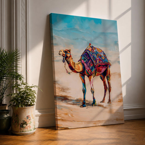 Bring vibrant desert charm into your home with this Camel Wall Art, featuring a beautifully adorned camel draped in colorful bohemian textiles against a serene desert landscape. This eye-catching canvas print blends rich jewel tones with contemporary painterly style, making it a striking focal point for living rooms, bedrooms, or boho-inspired spaces.