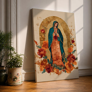 Honor your faith with this Our Lady of Guadalupe Wall Art, featuring a radiant gold halo, elegant floral accents, and warm, timeless colors. This beautiful Catholic canvas print creates a peaceful focal point for prayer rooms, living spaces, churches, or as a meaningful religious gift.