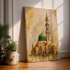 Masjid Nabawi wall art featuring the iconic Green Dome and elegant minaret of the Prophet’s Mosque in Medina. Enhanced with luxurious gold leaf-inspired textures and architectural details, this artwork captures the spiritual beauty, reverence, and timeless significance of one of Islam’s holiest sites.