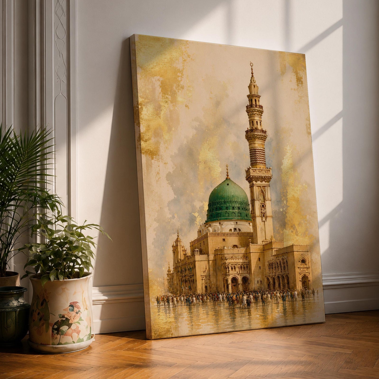 Masjid Nabawi wall art featuring the iconic Green Dome and elegant minaret of the Prophet’s Mosque in Medina. Enhanced with luxurious gold leaf-inspired textures and architectural details, this artwork captures the spiritual beauty, reverence, and timeless significance of one of Islam’s holiest sites.
