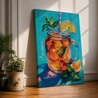 Colorful impressionist painting of a mason jar filled with a refreshing citrus beverage, featuring lemon and orange slices, mint leaves, ice, and a striped straw. Vibrant turquoise background and expressive brushstrokes create cheerful summer kitchen wall art perfect for dining rooms, cafes, and beverage-themed decor.