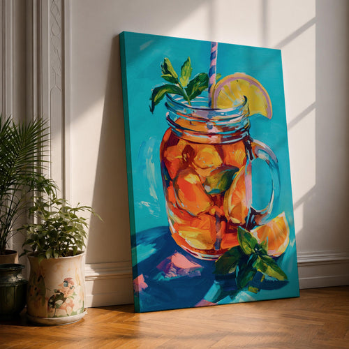 Colorful impressionist painting of a mason jar filled with a refreshing citrus beverage, featuring lemon and orange slices, mint leaves, ice, and a striped straw. Vibrant turquoise background and expressive brushstrokes create cheerful summer kitchen wall art perfect for dining rooms, cafes, and beverage-themed decor.