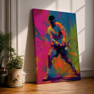 Bring energy and movement into your space with this Tennis Wall Art, featuring a dynamic player captured in bold expressionist brushstrokes and vibrant neon-inspired colors. Rich shades of magenta, teal, orange, and lime create an eye-catching statement for sports rooms, home gyms, offices, and tennis enthusiasts.