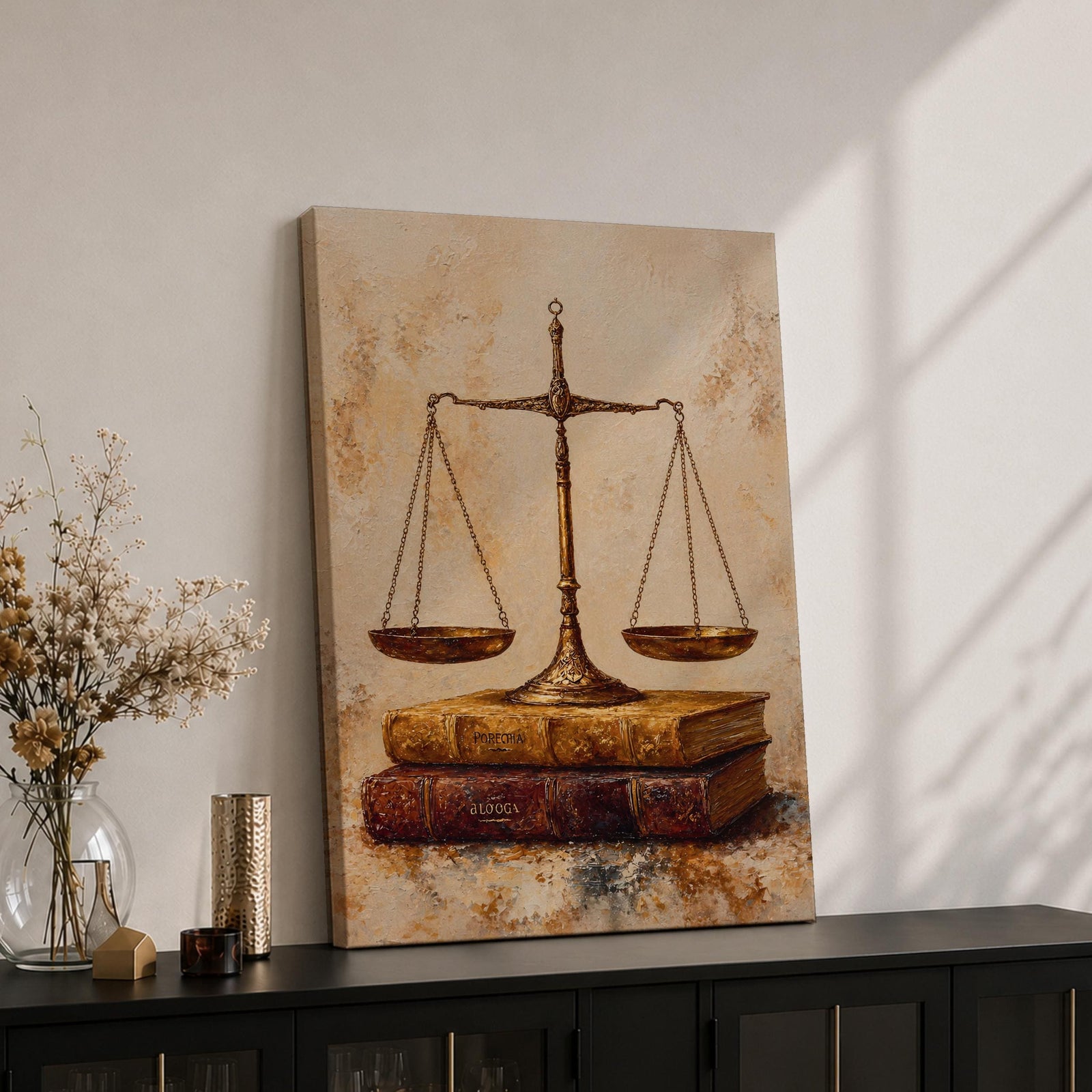 Elevate your workspace with this Scales of Justice Wall Art, featuring antique balance scales displayed atop vintage law books in warm neutral tones. This timeless legal canvas print brings sophistication and classic style to any law office, library, or professional workspace.