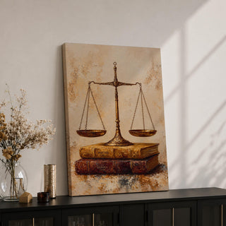 Elevate your workspace with this Scales of Justice Wall Art, featuring antique balance scales displayed atop vintage law books in warm neutral tones. This timeless legal canvas print brings sophistication and classic style to any law office, library, or professional workspace.