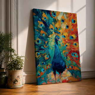 Bring bold color into your home with this Peacock Wall Art, featuring a vibrant expressionist canvas print with richly textured brushstrokes and radiant jewel tones. The dramatic fan of peacock feathers creates a striking focal point, making it perfect for modern living room, bedroom, or office decor.