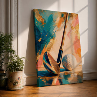 Golf club wall art featuring a close-up golf club and ball against an elegant abstract background accented with gold leaf textures. Refined teal, cream, blush, and metallic tones create a sophisticated sports canvas print ideal for clubhouses, golf rooms, offices, man caves, and luxury interiors.