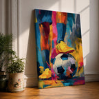 Soccer wall art featuring a player controlling a football with bright yellow cleats in a bold abstract composition. Vibrant blue, pink, orange, and gold brushstrokes emphasize movement, skill, and competition, creating a dynamic sports canvas print for game rooms, bedrooms, offices, and soccer enthusiast spaces.