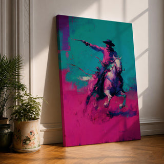Make a bold statement with this Cowboy Wall Art, featuring a lone rider on horseback rendered in vivid teal and magenta expressionist brushstrokes. Dynamic movement, modern Western style, and striking contemporary colors create an unforgettable centerpiece for ranch homes, offices, and masculine interiors.