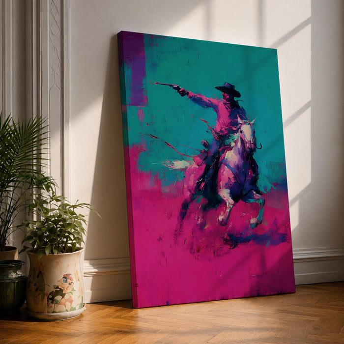 Make a bold statement with this Cowboy Wall Art, featuring a lone rider on horseback rendered in vivid teal and magenta expressionist brushstrokes. Dynamic movement, modern Western style, and striking contemporary colors create an unforgettable centerpiece for ranch homes, offices, and masculine interiors.