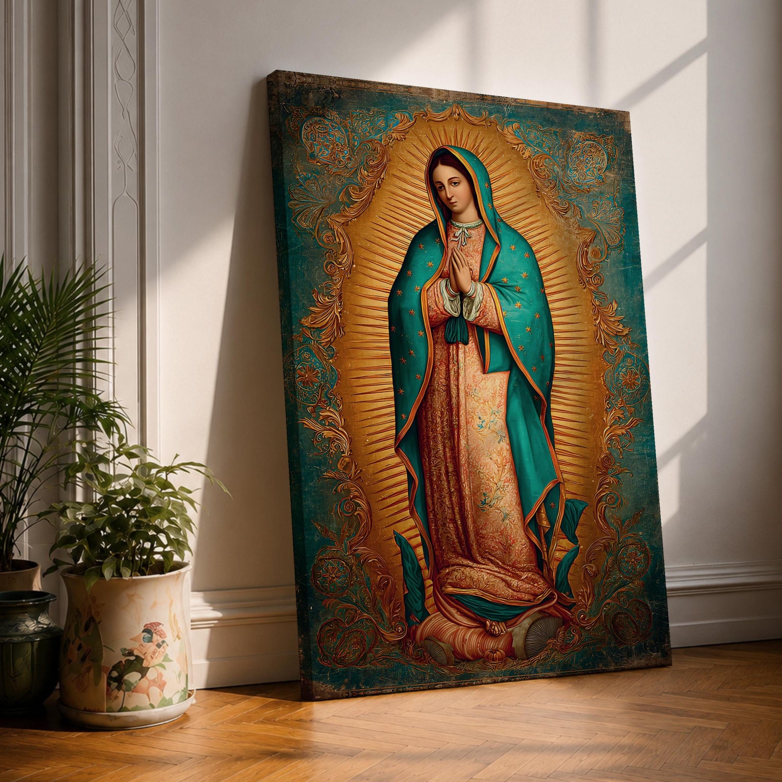 Our Lady of Guadalupe wall art featuring the Virgin Mary in prayer surrounded by radiant golden rays and ornate decorative details. This Mexican Catholic religious artwork showcases her iconic turquoise mantle adorned with stars, creating a sacred focal point for prayer rooms, churches, and Christian homes.