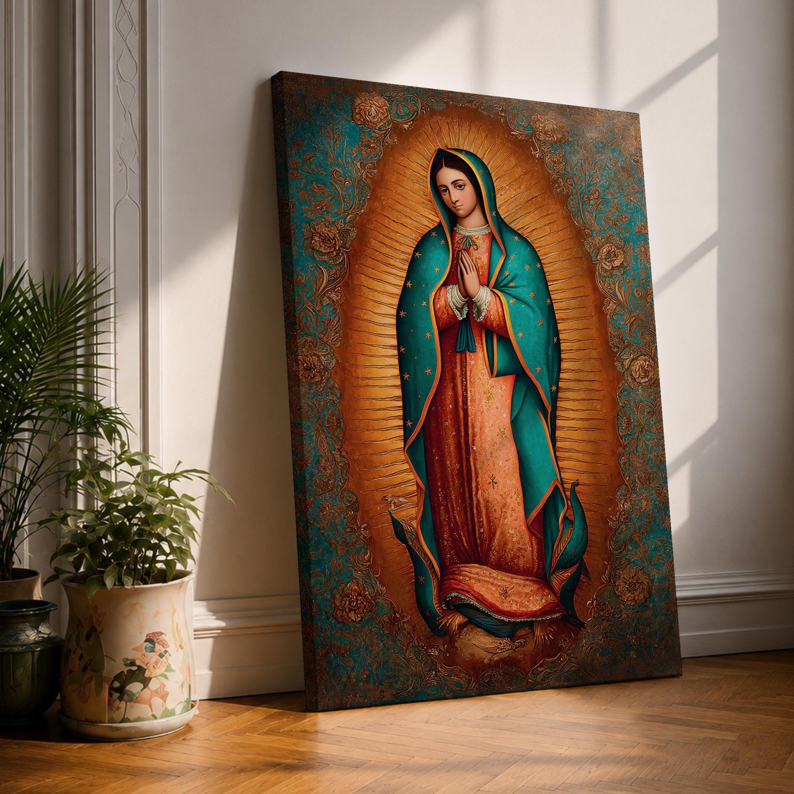 Our Lady of Guadalupe wall art featuring the Virgin Mary with hands folded in prayer, surrounded by radiant golden rays and ornate floral details. This Mexican Catholic religious artwork highlights her iconic turquoise mantle adorned with stars, creating a sacred focal point for prayer rooms, churches, and Christian homes.
