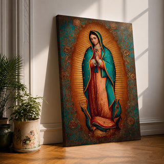 Our Lady of Guadalupe wall art featuring the Virgin Mary with hands folded in prayer, surrounded by radiant golden rays and ornate floral details. This Mexican Catholic religious artwork highlights her iconic turquoise mantle adorned with stars, creating a sacred focal point for prayer rooms, churches, and Christian homes.