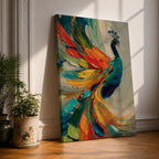 Impasto style painting of a peacock with vibrant, colorful feathers in shades of blue, orange, yellow, and green, displayed on a canvas leaning against a wall with natural light casting shadows.