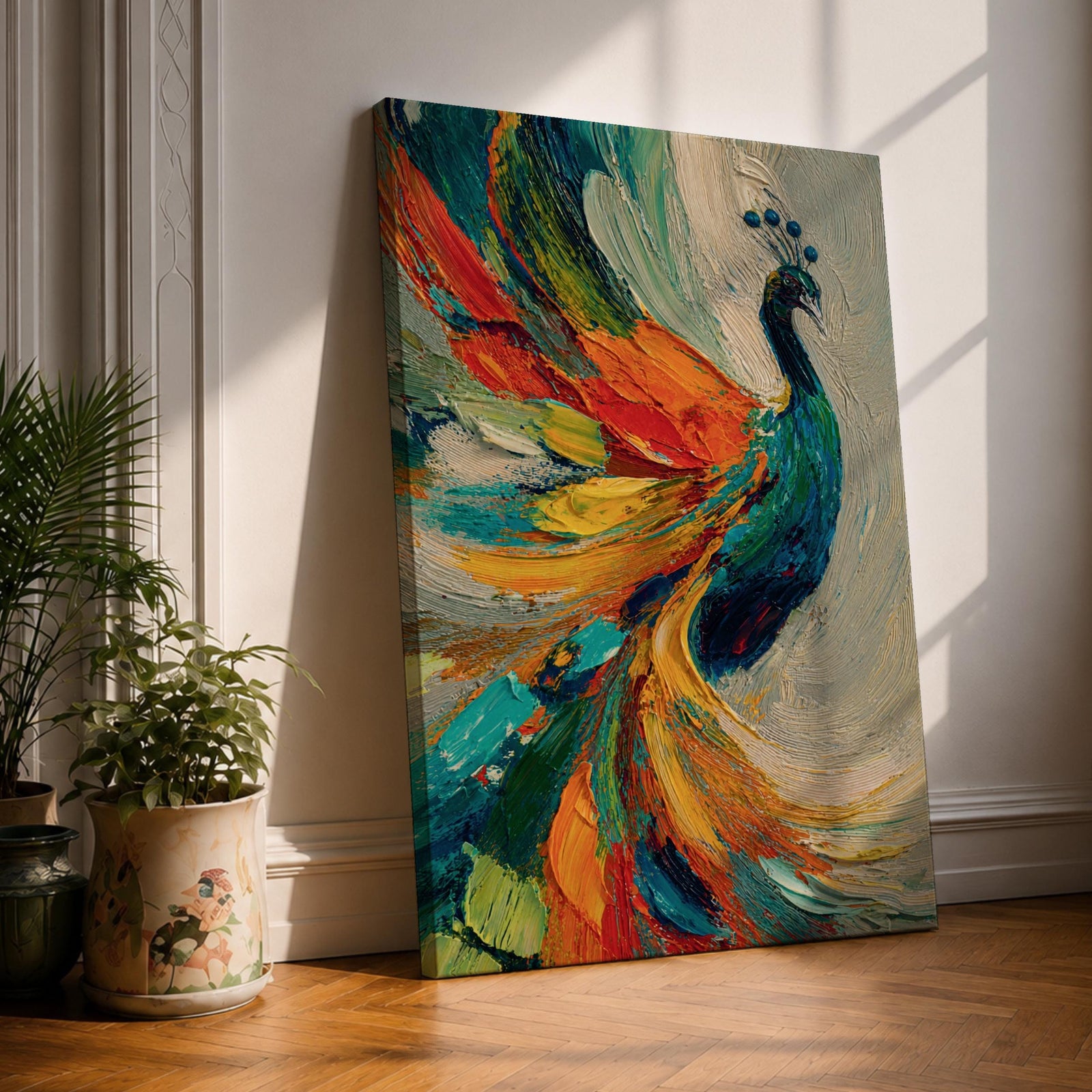 Impasto style painting of a peacock with vibrant, colorful feathers in shades of blue, orange, yellow, and green, displayed on a canvas leaning against a wall with natural light casting shadows.