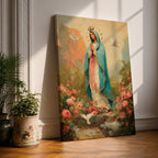 Virgin Mary wall art featuring Madonna in prayer surrounded by blooming roses and white doves in a peaceful garden. Soft pastel colors and impressionist brushwork create a beautiful Christian religious artwork for prayer rooms and sacred spaces.