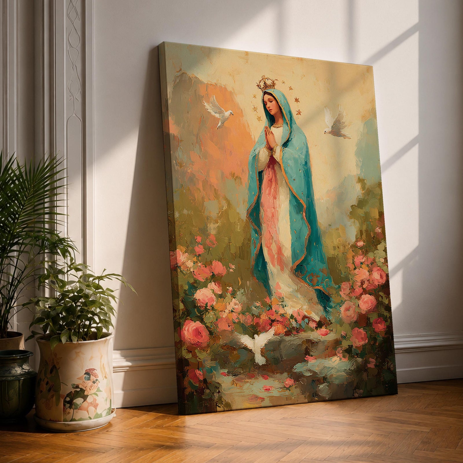 Virgin Mary wall art featuring Madonna in prayer surrounded by blooming roses and white doves in a peaceful garden. Soft pastel colors and impressionist brushwork create a beautiful Christian religious artwork for prayer rooms and sacred spaces.