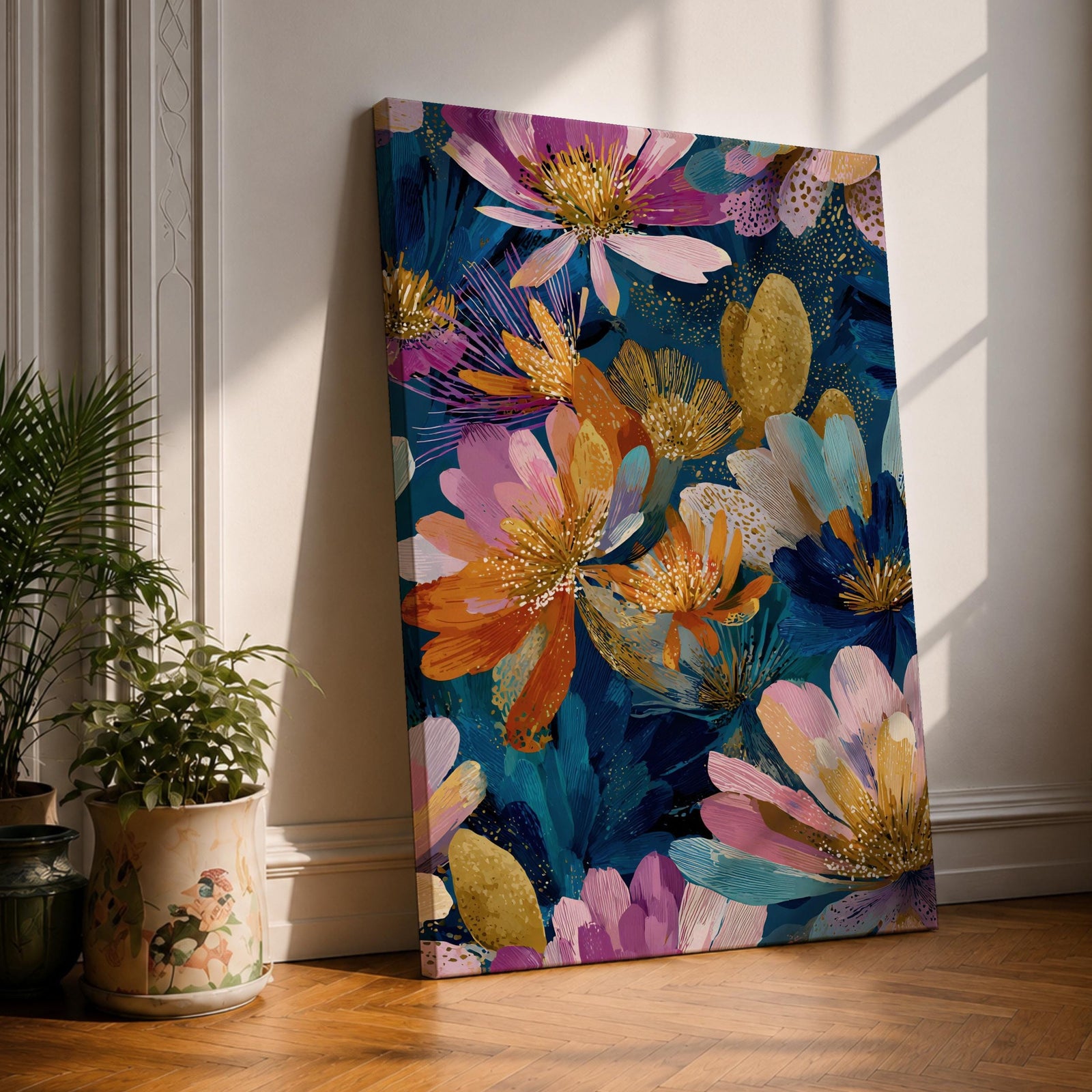 Brighten your home with this Abstract Floral Wall Art, featuring vibrant wildflowers in rich jewel tones accented with elegant gold details. Bold botanical brushstrokes and expressive contemporary styling create a stunning statement piece for living rooms, bedrooms, and modern interiors.