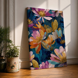 Brighten your home with this Abstract Floral Wall Art, featuring vibrant wildflowers in rich jewel tones accented with elegant gold details. Bold botanical brushstrokes and expressive contemporary styling create a stunning statement piece for living rooms, bedrooms, and modern interiors.