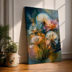 Dreamy botanical wall art featuring delicate dandelion seedheads in soft white, blush pink, and golden tones. Expressive contemporary brushstrokes, glowing highlights, and an atmospheric blue-green background create a serene floral composition perfect for modern, cottagecore, and nature-inspired interiors.