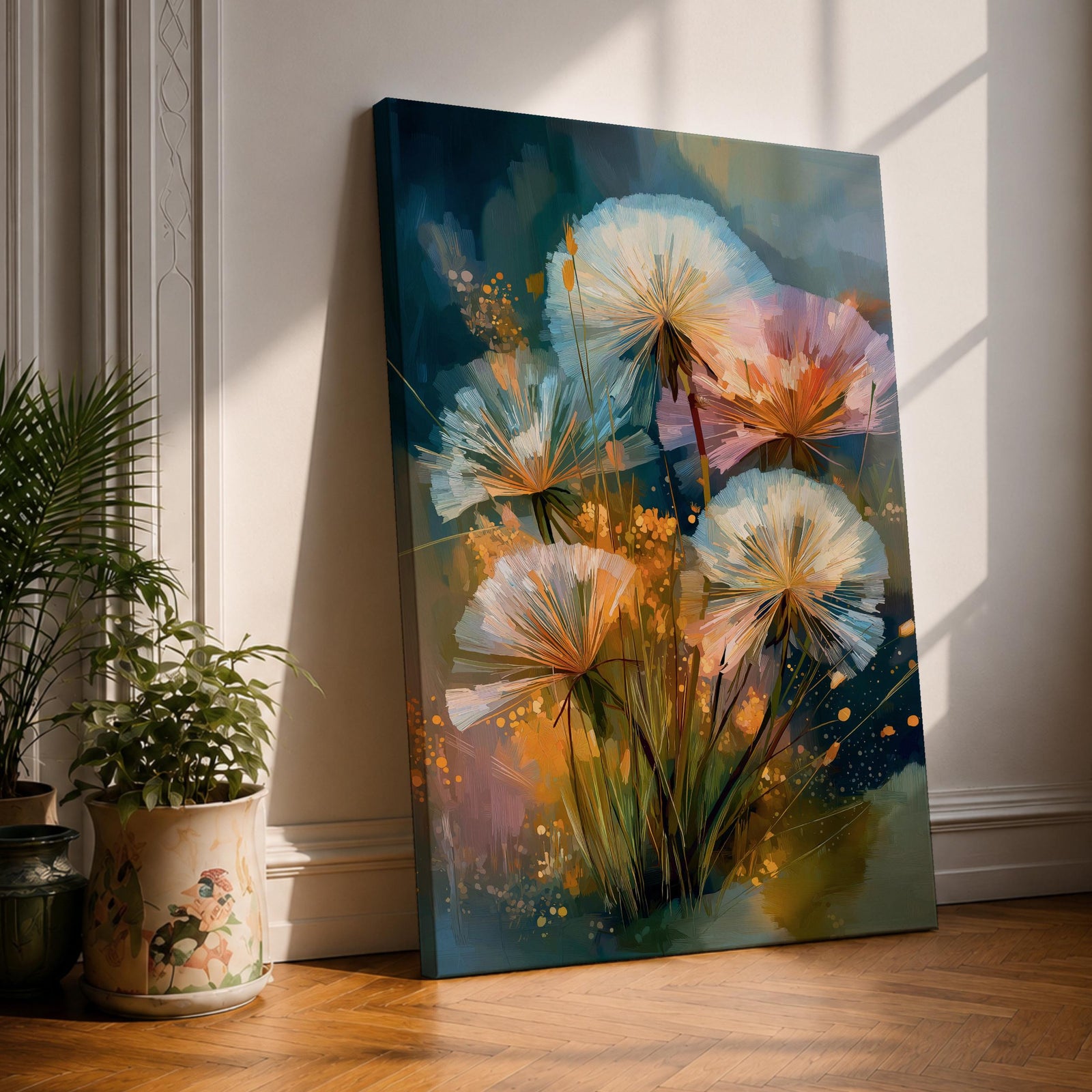 Dreamy botanical wall art featuring delicate dandelion seedheads in soft white, blush pink, and golden tones. Expressive contemporary brushstrokes, glowing highlights, and an atmospheric blue-green background create a serene floral composition perfect for modern, cottagecore, and nature-inspired interiors.