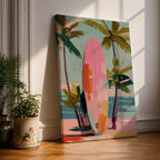 Modern tropical beach artwork featuring a pink surfboard standing on a sandy shoreline surrounded by palm trees. Soft pastel colors, coastal vibes, and contemporary painterly brushstrokes create a relaxing seaside atmosphere perfect for beach homes, coastal interiors, and summer-inspired décor.
