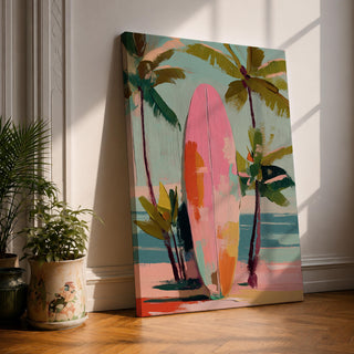 Modern tropical beach artwork featuring a pink surfboard standing on a sandy shoreline surrounded by palm trees. Soft pastel colors, coastal vibes, and contemporary painterly brushstrokes create a relaxing seaside atmosphere perfect for beach homes, coastal interiors, and summer-inspired décor.