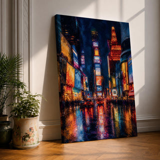 Bring the energy of Manhattan into your space with this Times Square Wall Art, featuring vibrant neon reflections shimmering across rain-soaked streets in a rich impressionist style. Bold city lights, expressive brushwork, and dramatic nighttime colors make this New York canvas a striking centerpiece for offices, lofts, and modern interiors.