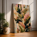 Sophisticated tropical leaves wall art featuring banana plant foliage in soft blush pink, sage green, cream, and gold tones. Modern botanical artwork with layered textures, abstract geometric elements, and elegant organic forms, perfect for contemporary, boho, and neutral home decor.