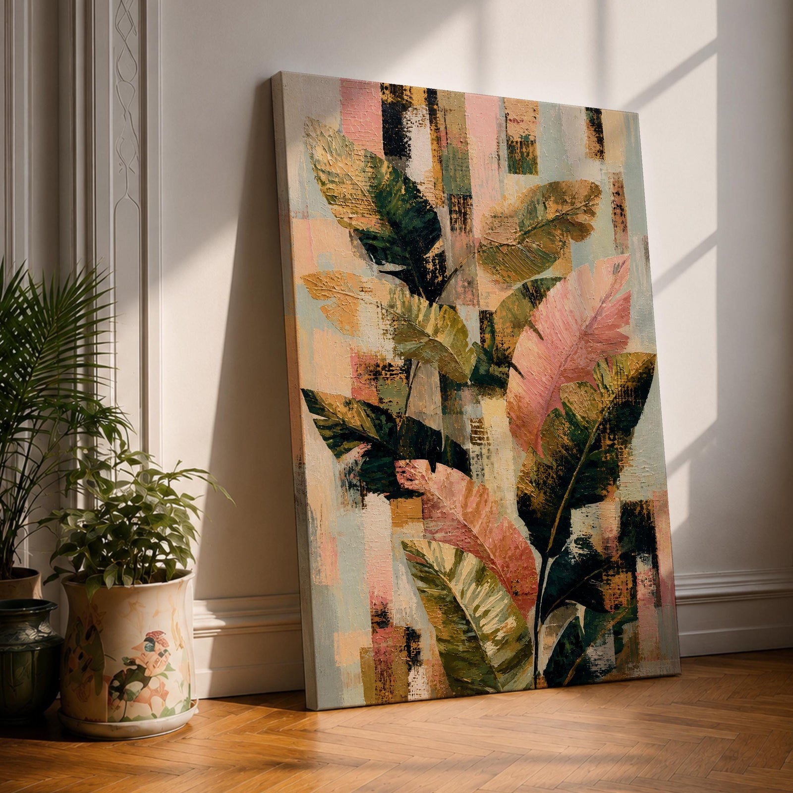 Sophisticated tropical leaves wall art featuring banana plant foliage in soft blush pink, sage green, cream, and gold tones. Modern botanical artwork with layered textures, abstract geometric elements, and elegant organic forms, perfect for contemporary, boho, and neutral home decor.