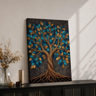 Bring harmony and elegance into your home with this Tree of Life Wall Art, featuring striking teal and gold leaves against a richly textured charcoal background. Twisting branches and intricate roots create a contemporary botanical design that symbolizes strength, growth, and connection, making it a beautiful centerpiece for spiritual and modern interiors.