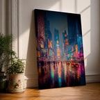 Vibrant Times Square wall art featuring neon billboards, glowing skyscrapers, city traffic, pedestrians, and colorful reflections on rain-soaked streets. Modern urban canvas artwork inspired by New York City nightlife and contemporary metropolitan decor.