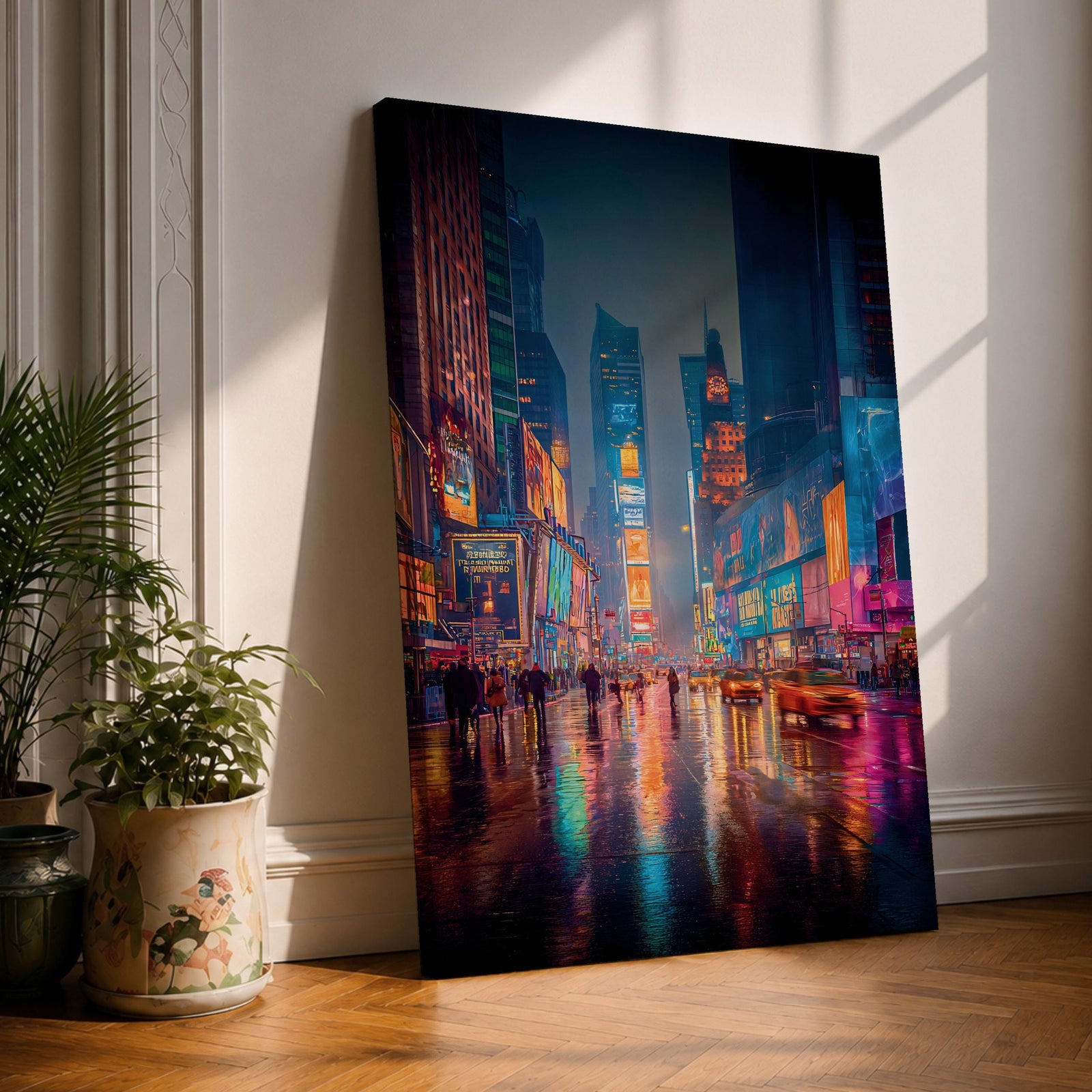 Vibrant Times Square wall art featuring neon billboards, glowing skyscrapers, city traffic, pedestrians, and colorful reflections on rain-soaked streets. Modern urban canvas artwork inspired by New York City nightlife and contemporary metropolitan decor.