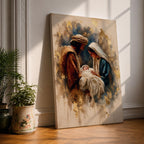 Beautiful Holy Family wall art featuring Joseph, Mary, and the infant Jesus in a tender nativity scene. Soft gold accents, impressionist textures, and warm neutral tones create an inspiring Christian canvas perfect for prayer rooms, churches, and faith-filled home decor.