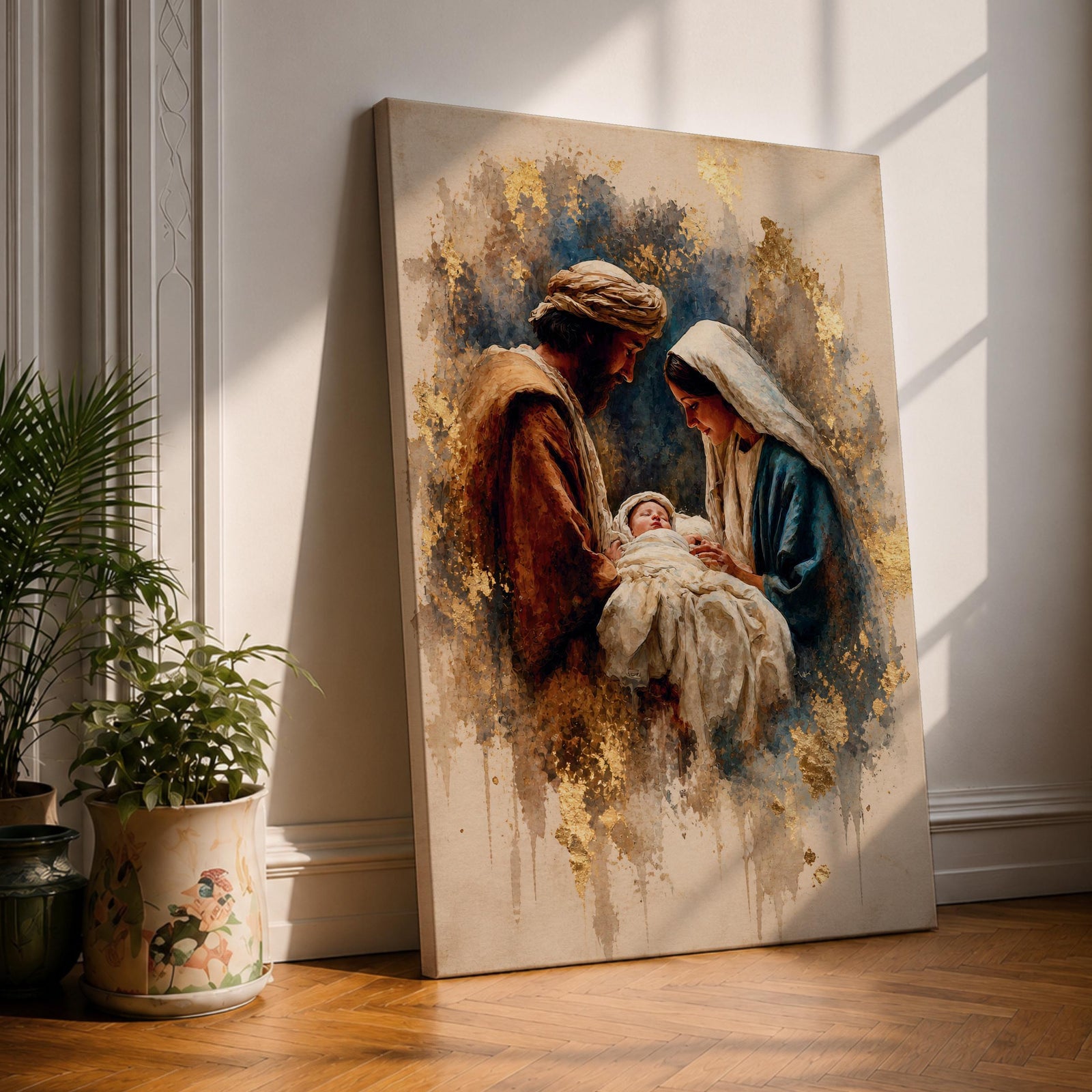 Beautiful Holy Family wall art featuring Joseph, Mary, and the infant Jesus in a tender nativity scene. Soft gold accents, impressionist textures, and warm neutral tones create an inspiring Christian canvas perfect for prayer rooms, churches, and faith-filled home decor.
