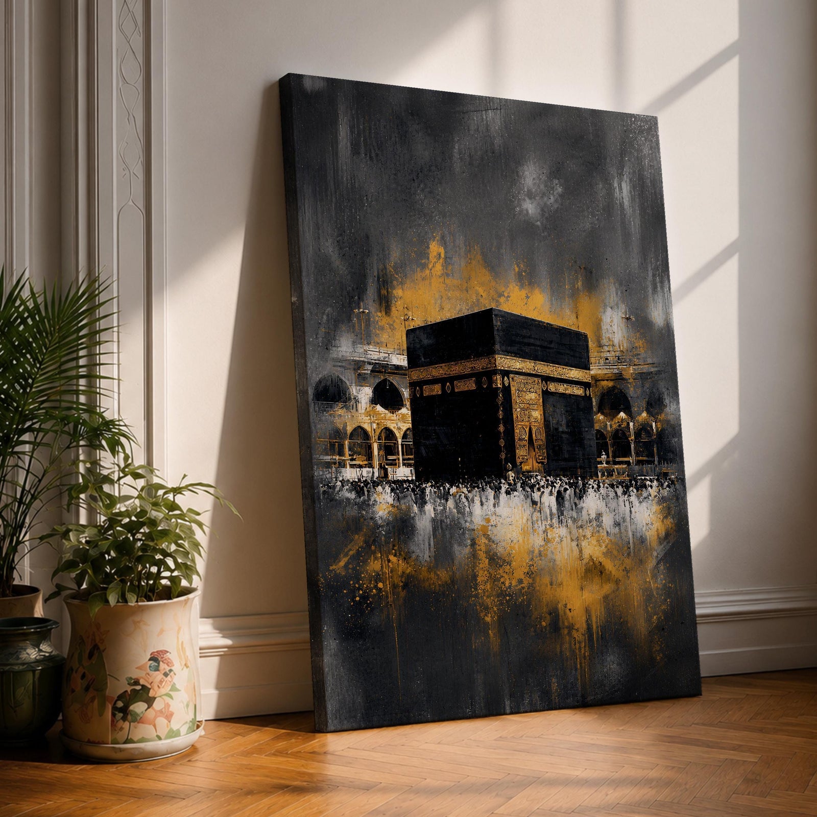 Abstract Kaaba wall art featuring the Holy Kaaba at Masjid al Haram rendered in dramatic black, charcoal, and gold tones. Expressive brushwork, metallic-style gold accents, and a contemporary composition create a striking Islamic focal point.