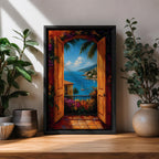 Mediterranean coastal landscape viewed through open wooden doors overlooking a bright blue sea. Colorful flowers, palm trees, sailboats, and hillside villas create a romantic Italian seaside scene in a vibrant impressionist framed canvas artwork.
